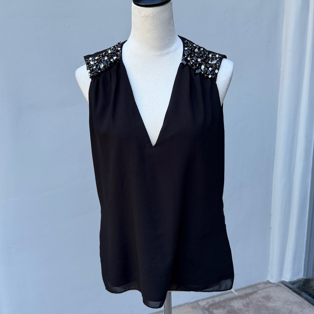 ALICE & OLIVIA Black V-Neck Top w/ Embellished Shoulders Size Small